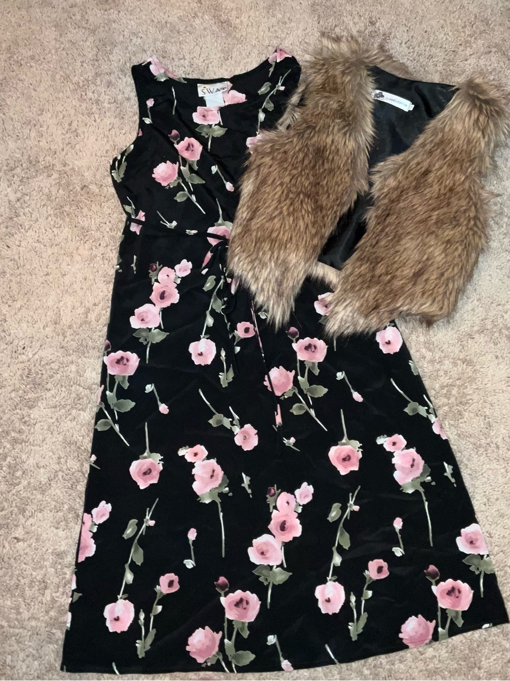 Black Floral Sleeveless Dress with Pink Roses